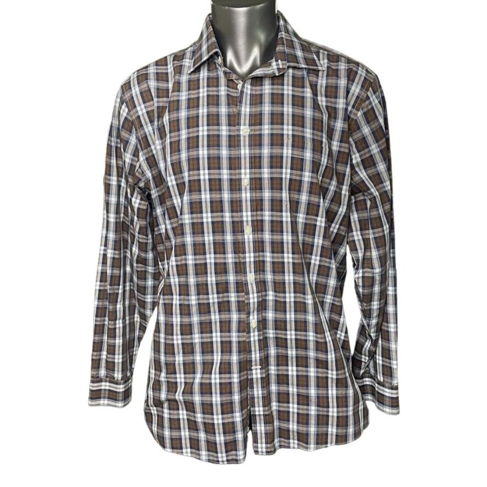 Mens Button Down Dress Shirt Stafford Plaid Brown Blue White Travel Size 36 u